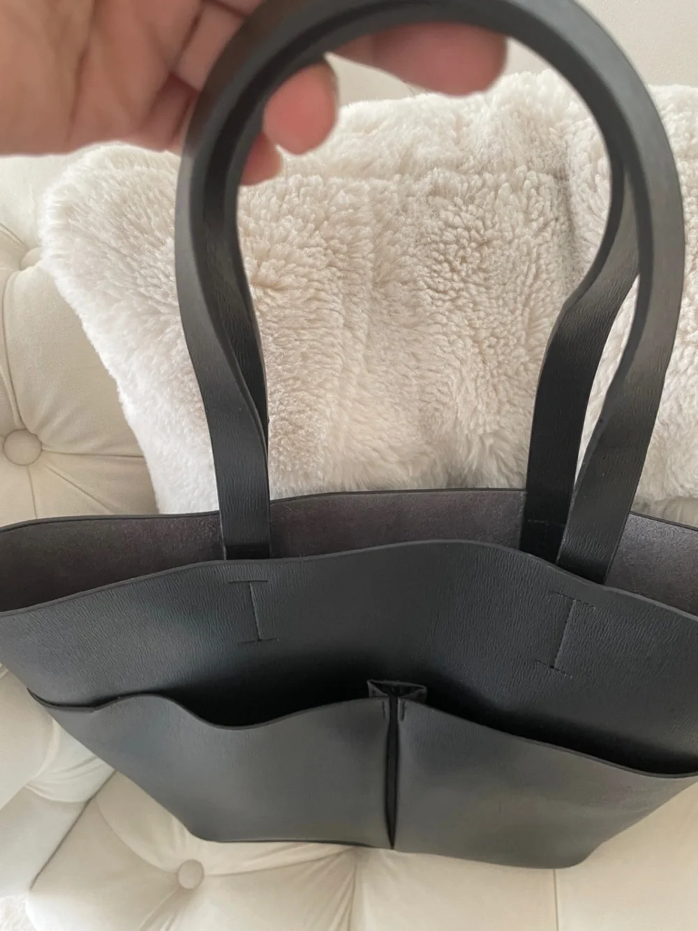 Neiman Marcus black faux leather tote bag with front pockets